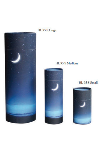 Urn scattering tubes blue colour, with starry night design.